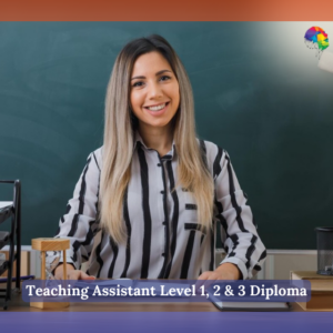 Young woman Teaching assistant sitting at school desk in front of blackboard in classroom checking homework of students looking at camera happy and pleased smiling. Female teacher or teaching assistant smiling in a classroom setting, sitting at a desk in front of a chalkboard with stationery and teaching materials.