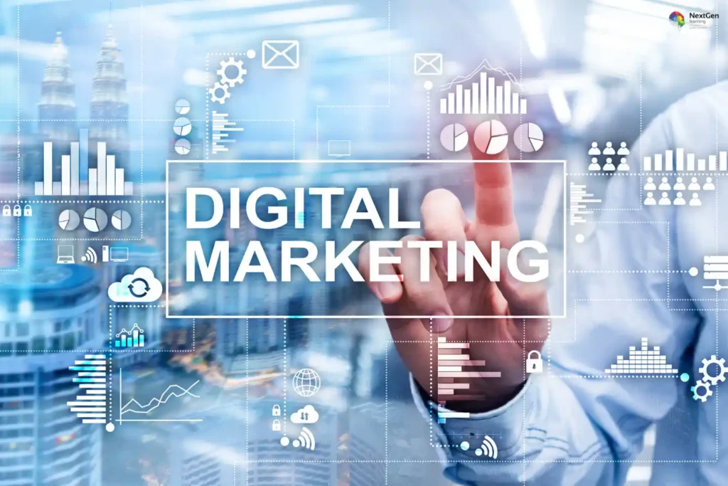 Infographic highlighting digital marketing strategies to convert traffic into sales, focusing on data analysis, online visibility, targeted campaigns, customer engagement, and performance tracking for business growth.
