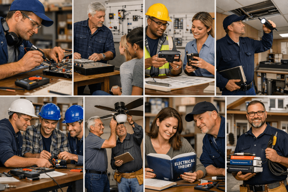 Realistic photo collage showing electrician trainees and professionals in various settings—soldering circuit boards, inspecting ceiling wiring, studying electrical theory, and installing fixtures—representing beginners, career changers, engineering students, and DIY learners.