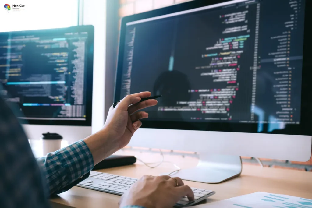 Infographic highlighting front end web development training for all learners, focusing on coding fundamentals, responsive design, JavaScript, HTML, CSS, and modern frameworks to build interactive websites.