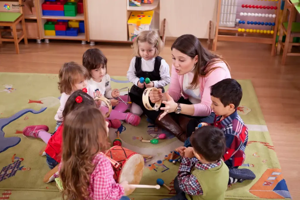 Infographic highlighting the HighScope approach in preschool education, focusing on active learning, child‑initiated activities, music and play, teacher guidance, and structured classroom engagement to support creativity and early development.