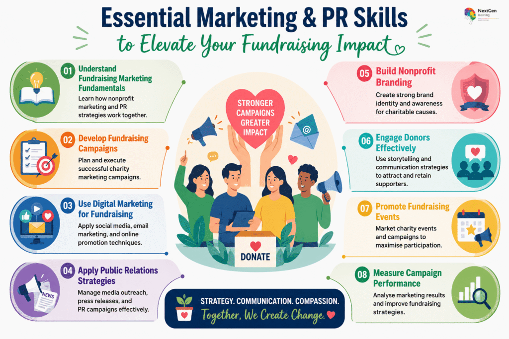 Nonprofit marketing and public relations skills for fundraising infographic