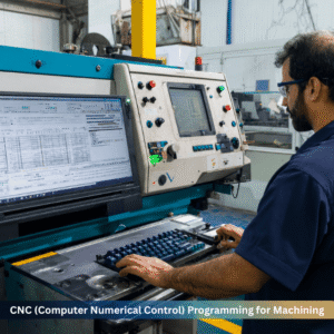 CNC programming operator using computer numerical control machine for precision machining and manufacturing automation