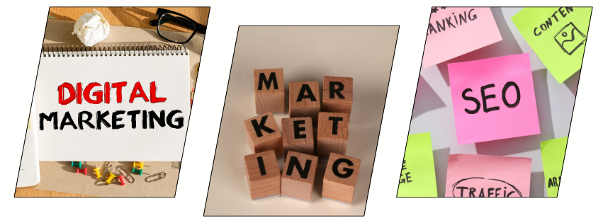 Digital marketing course concept showing SEO, marketing strategy, and online promotion ideas on colourful notes and wooden blocks.