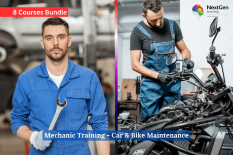 Mechanic Training with 8 Courses Bundle showing Car Maintenance Course and Bike Mechanic Course for career-ready automotive skills.