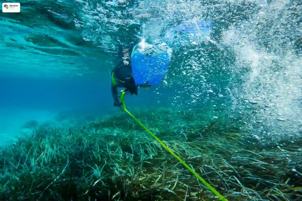 Infographic highlighting an online marine biology diploma course, focusing on ocean ecosystems, marine research, conservation, biodiversity, underwater exploration, and scientific skills for career development.