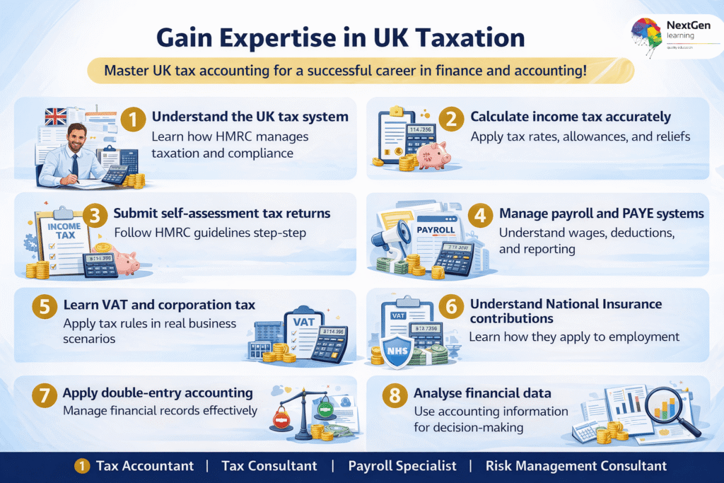 UK tax accounting infographic showing HMRC tax payroll VAT skills