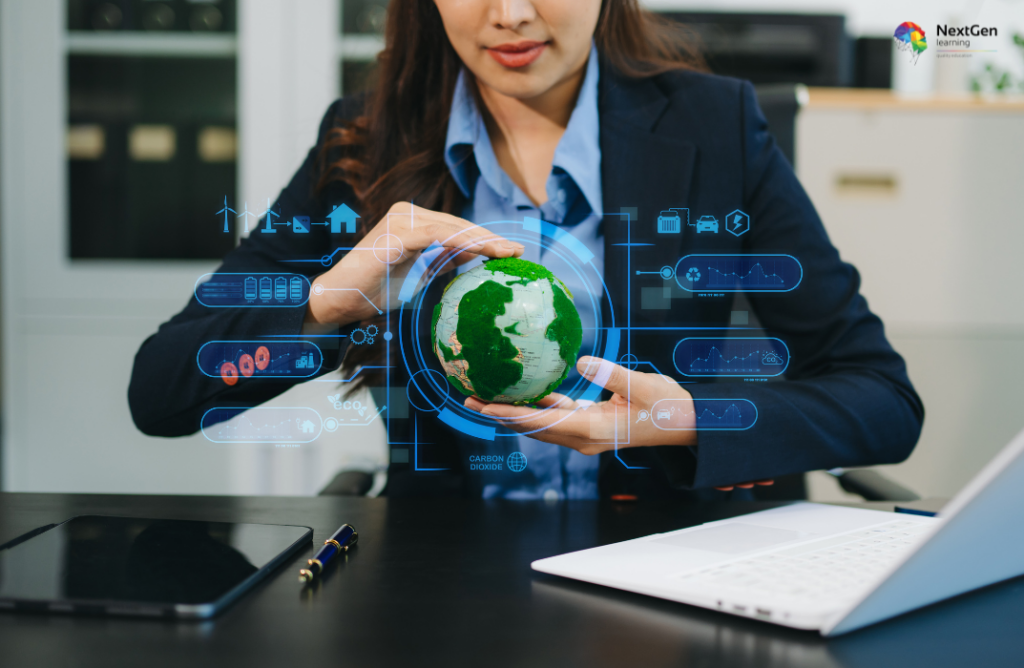 Businessperson Holding Globe with Eco Icons