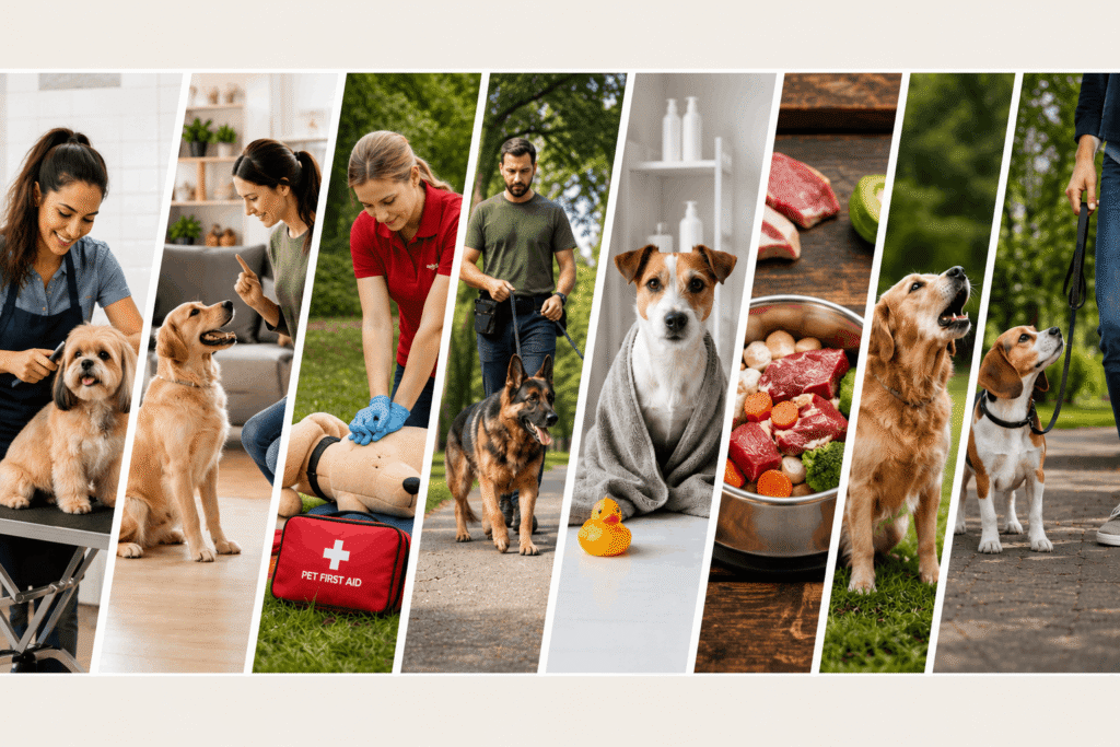 Dog behaviour course online showing dog grooming, leash training, pet sitting, dog walking, raw feeding and dog health care