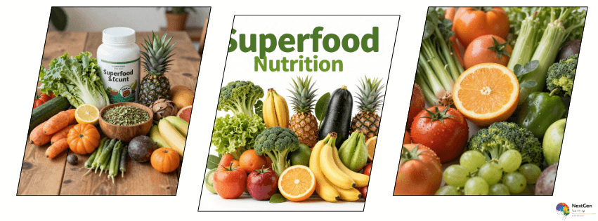 Superfood nutrition foods including fruits vegetables and healthy ingredients
