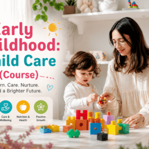Early Childhood: Child Care Course showing a caregiver helping a young child learn through play, supporting child development, wellbeing and early learning skills.
