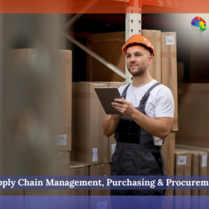 A warehouse worker wearing a safety helmet and overalls is holding a tablet while standing among stacked cardboard boxes on shelves. The image features the logo of "NextGen Learning" in the top-right corner, and a text overlay at the bottom reads "Supply Chain Management, Purchasing & Procurement".