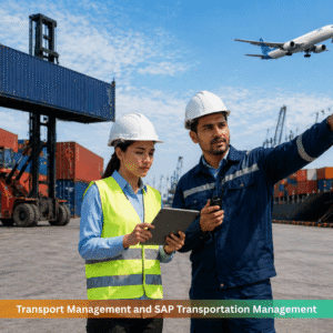 Transport management professionals using tablet at shipping port with cargo containers, trucks, and aircraft – SAP Transportation Management logistics operations