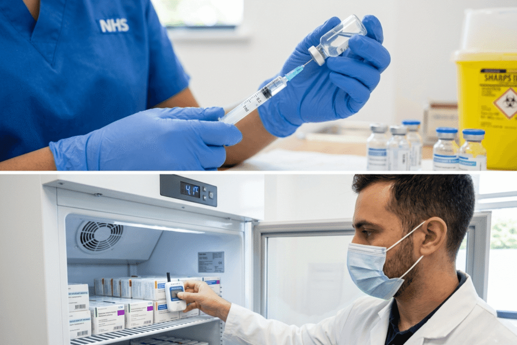 NHS staff preparing vaccine syringe and monitoring cold storage