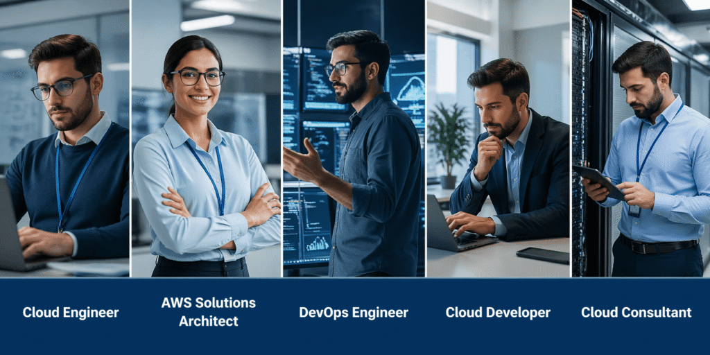 AWS cloud computing career path showing Cloud Engineer, Solutions Architect, DevOps Engineer, Cloud Developer, Cloud Consultant