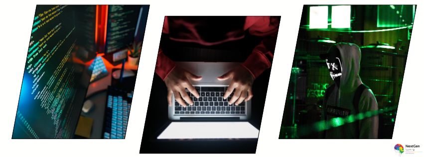 Cyber Security Advanced Training – a visual concept representing coding screens, digital hacking prevention, and online threat protection featured in the Cybersecurity Course.