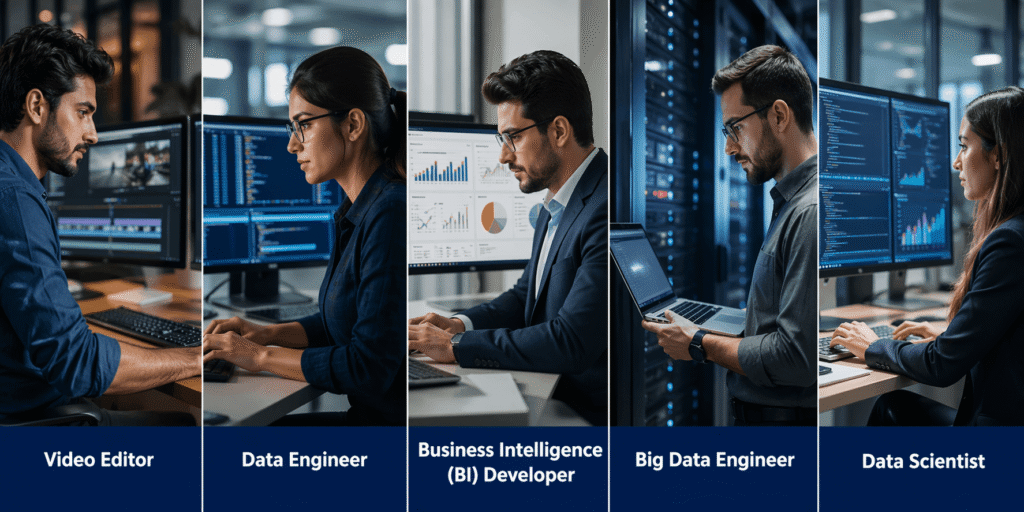 Professionals working in data engineering, BI, and data science roles in a modern workplace