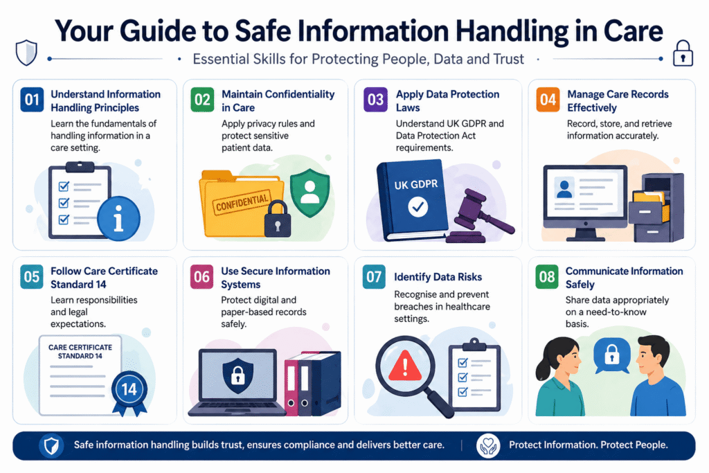 Infographic showing key information handling skills in healthcare settings