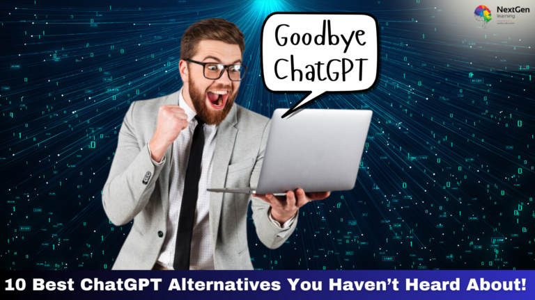 A corporate employee using a laptop to research ChatGPT alternatives