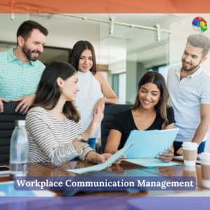 Workplace Communication Management - Smiling colleagues planning over file in meeting room at coworking office