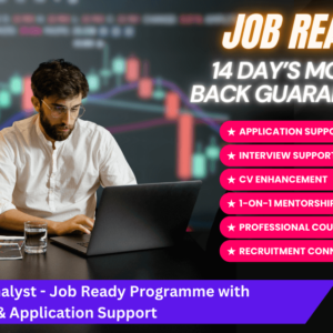 Man working on a laptop with financial charts in the background, promoting a Data Analyst Job Ready Programme with career support services.
