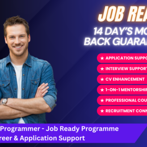 This image promotes a "Python Programmer - Job Ready Programme with Career & Application Support," offering comprehensive benefits including application support, interview support, CV enhancement, one-on-one mentorship, professional counselling, and recruitment connection. The graphic features a cheerful young man in a denim shirt, arms crossed, with a confident smile, set against a dynamic purple and blue background with geometric shapes. The text highlights a "14 Day's Money Back Guarantee," emphasizing the programme's commitment to equipping participants with job-ready skills.