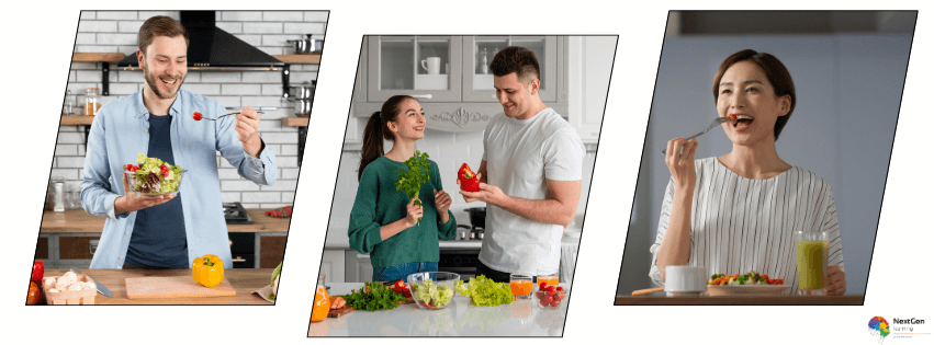 People preparing and enjoying nutritious meals at home as part of building healthy habits and maintaining a healthy lifestyle