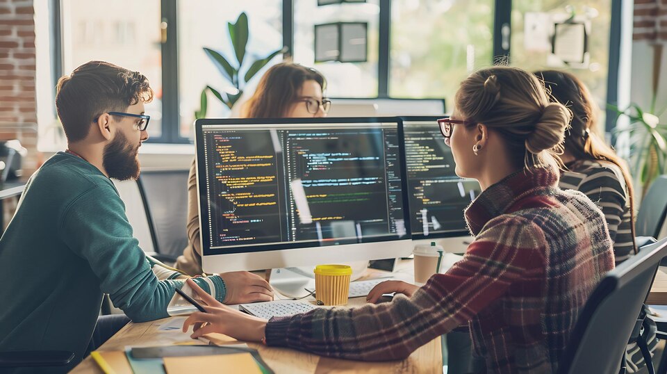 A group of programmers collaborating in a modern office space, working on code displayed on a large computer screen. The setting includes natural lighting, coffee cups, and a creative workspace, symbolizing teamwork and engagement in a programming community.