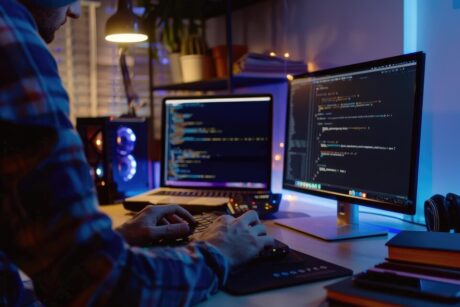 A programmer working at a desk in a dimly lit room with dual monitors displaying lines of code. The setup includes a mechanical keyboard, a desktop PC with LED lighting, and a laptop. The environment is illuminated by blue and warm lighting, creating a focused coding workspace.