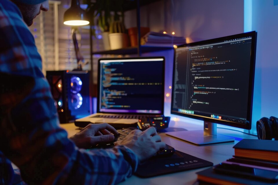 A programmer working at a desk in a dimly lit room with dual monitors displaying lines of code. The setup includes a mechanical keyboard, a desktop PC with LED lighting, and a laptop. The environment is illuminated by blue and warm lighting, creating a focused coding workspace.