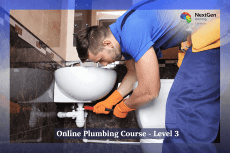 Online Plumbing Course Level 3 cover image showing professional domestic plumbing system work in a residential setting.
