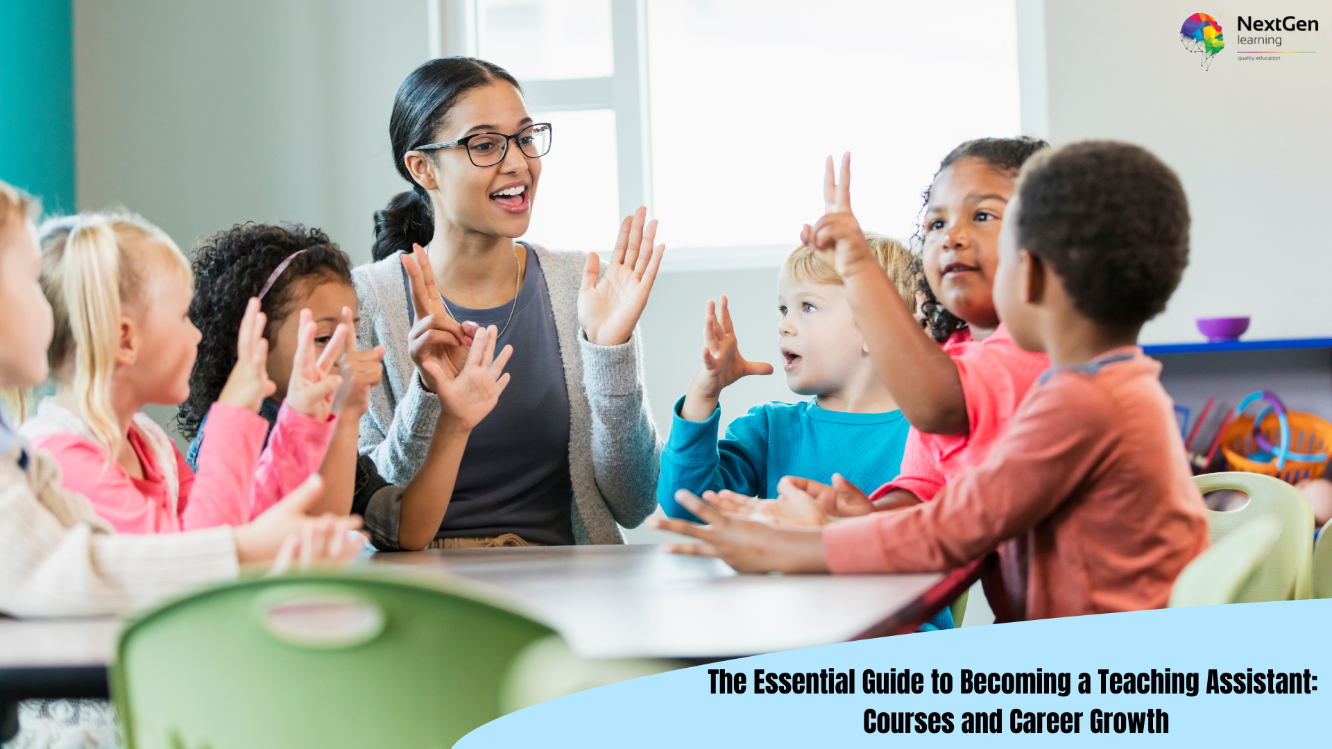 A diverse group of young children engaged in a learning activity with a female teaching assistant in a brightly lit classroom. The teaching assistant, a young woman with glasses, smiles and gestures with her hands as the children, excited and attentive, mimic her movements.