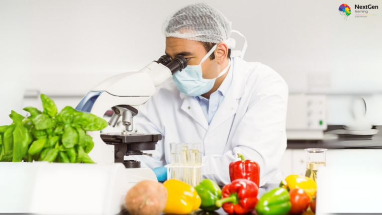 A food safety scientist in lab attire, including a face mask and hairnet, meticulously examines specimens under a microscope. Colourful vegetables like bell peppers, aubergines, and basil are spread out on the lab table, suggesting the testing of food samples.