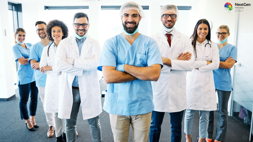 Group of confident medical professionals, including surgeons and doctors, standing together in a hospital corridor.
