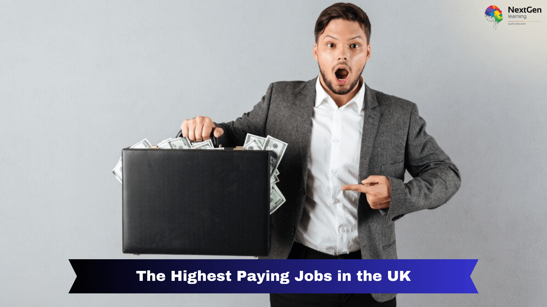 A surprised businessman holding a briefcase overflowing with cash, symbolising high-income opportunities.