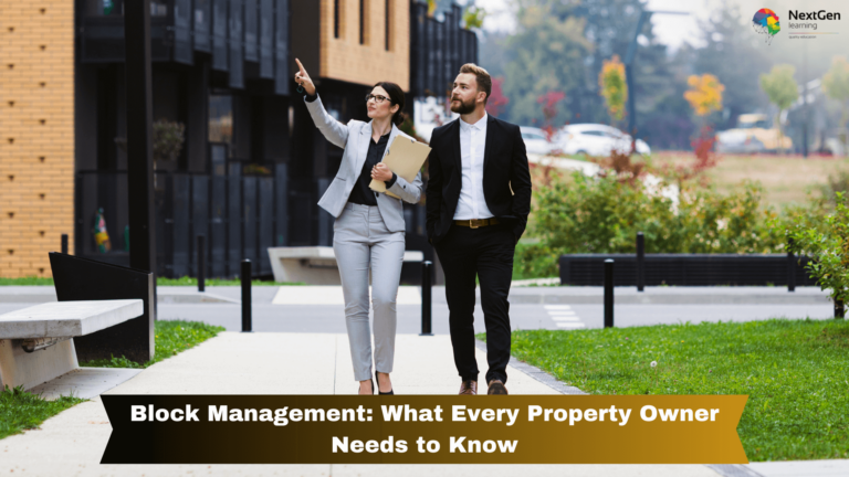 Two property professionals walking and discussing block management in front of a modern residential building.