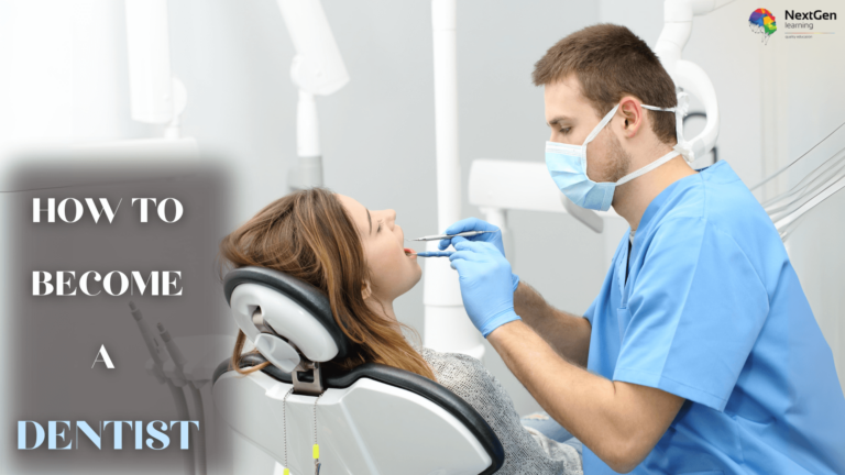 A male dentist wearing blue scrubs and a surgical mask examines a female patient's teeth in a modern dental clinic. Text on the left reads: "How to Become a Dentist."