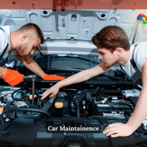 Two young individuals working together on car maintenance, inspecting and repairing the car engine as part of a Car Maintenance Course, vehicle maintenance course, and Car Maintenance Training, ideal for those seeking a car service course.