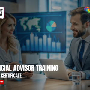 A professional financial advisor training session, featuring a man and woman discussing financial data in a modern office setting.