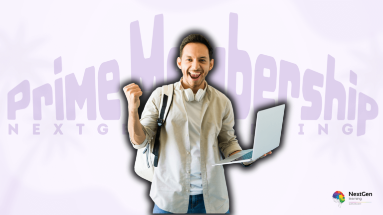 Excited young man with backpack and laptop celebrating Prime Membership by NextGen Learning