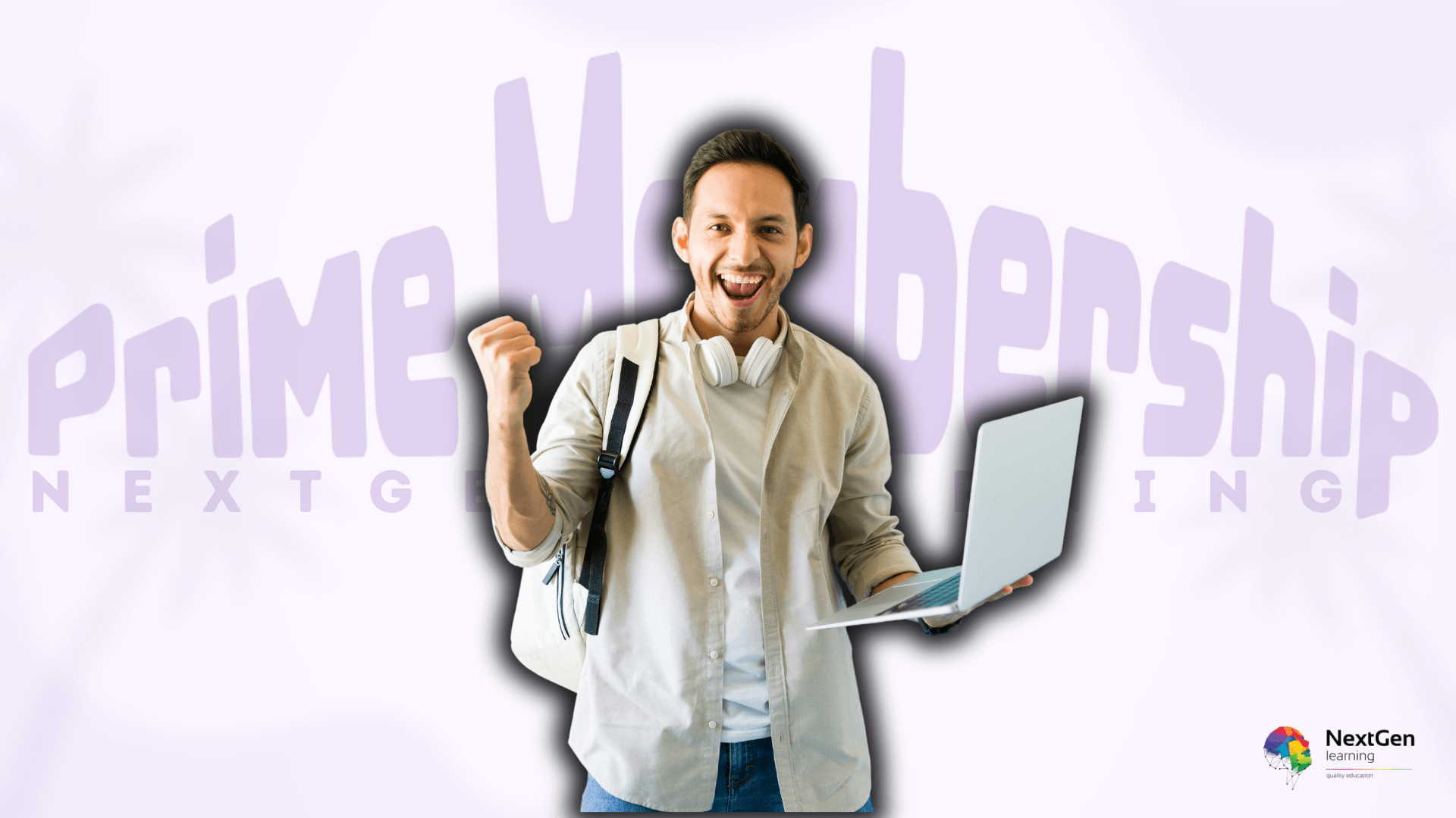 Excited young man with backpack and laptop celebrating Prime Membership by NextGen Learning