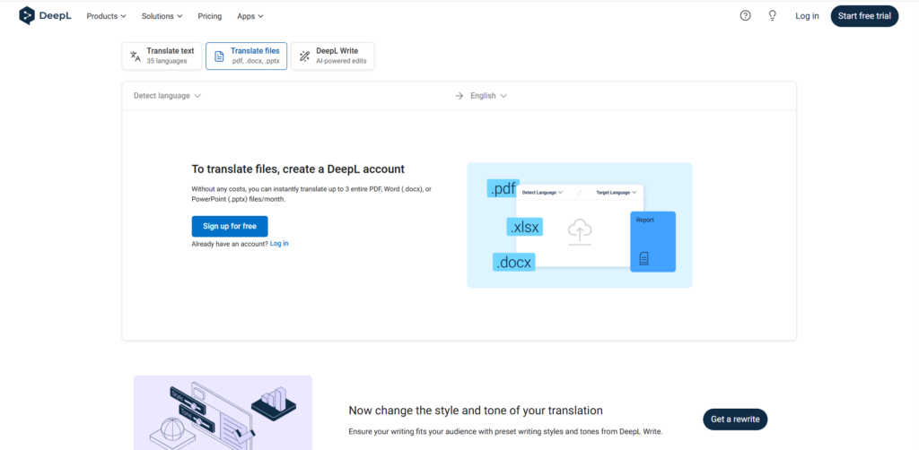 DeepL interface showing options for translating files (.pdf, .docx, .pptx) with a prompt to create a DeepL account for free translation.