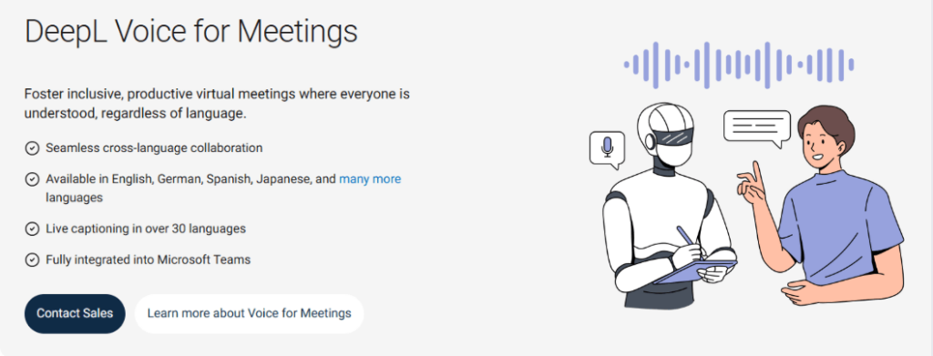 DeepL Voice for Meetings interface showcasing cross-language collaboration, live captioning, and integration with Microsoft Teams.