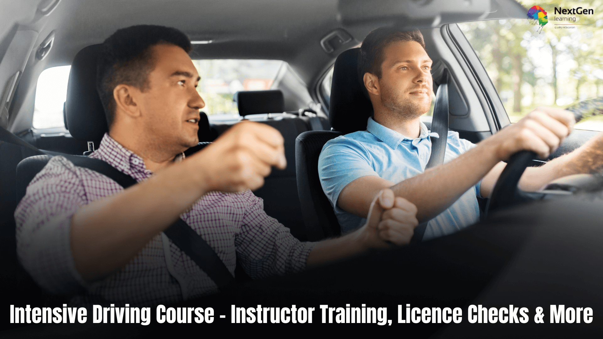 Driving instructor giving directions to a learner during a lesson in a car – Intensive Driving Course, driving licence check, driving lessons.