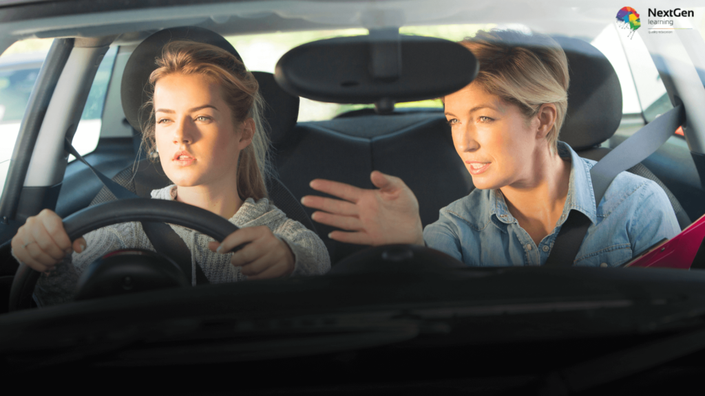 A young woman taking part in an intensive driving course receives guidance from her instructor during a driving lesson; both are seated in a car with seatbelts fastened. Keywords: Intensive driving course, driving licence check, driving lessons.
