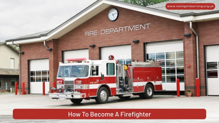 How To Become A Firefighter – red fire truck parked outside a brick fire department station.
