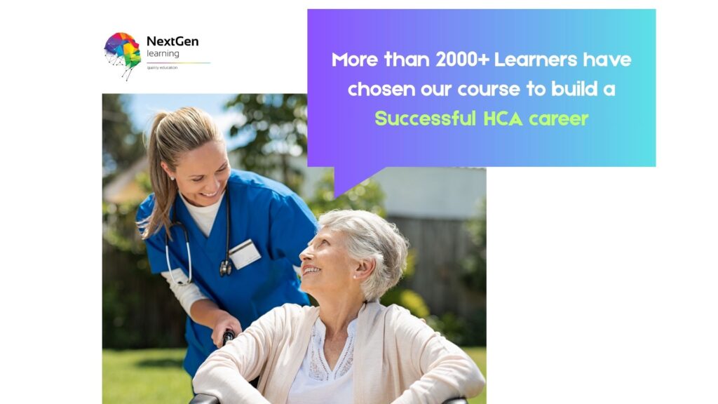 A healthcare assistant smiles towards an elderly woman sitting in a wheelchair, with NextGen Learning showing that more than 2,000 learners have chosen their Level 3 Diploma in Health and Social Care course for a successful career as a healthcare assistant.