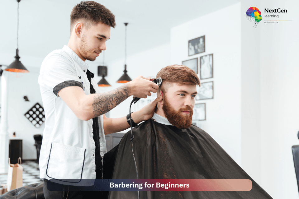 Beginner barber trimming a client’s hair with electric clippers in a modern barbershop during a professional barbering training session.