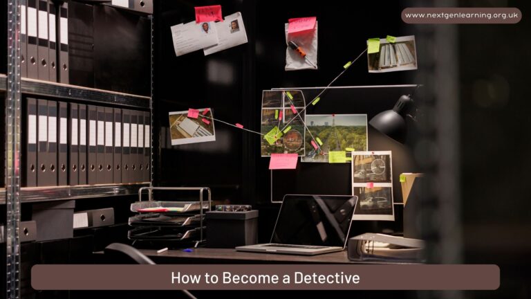 Detective workspace with evidence board, case files, and laptop representing how to become a detective, Detective Jobs, and detective salary UK.