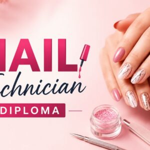 Online Nail Technician Diploma course featuring professional nail art, gel polish, manicure tools, and stylish pink nail designs for aspiring nail technicians.